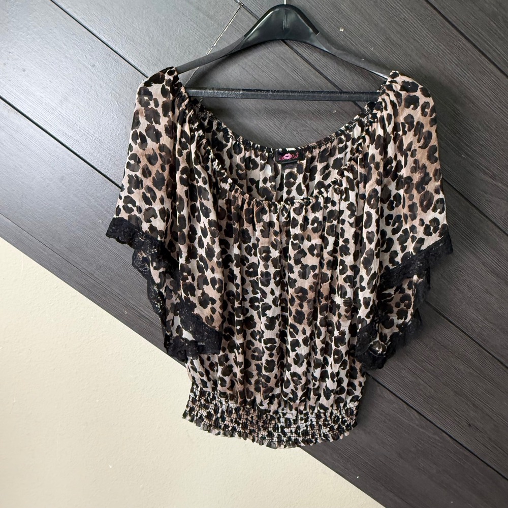 Ultra Flirt Women's Leopard Print Sheer Batwing Blouse Lace Trim Large Y2K